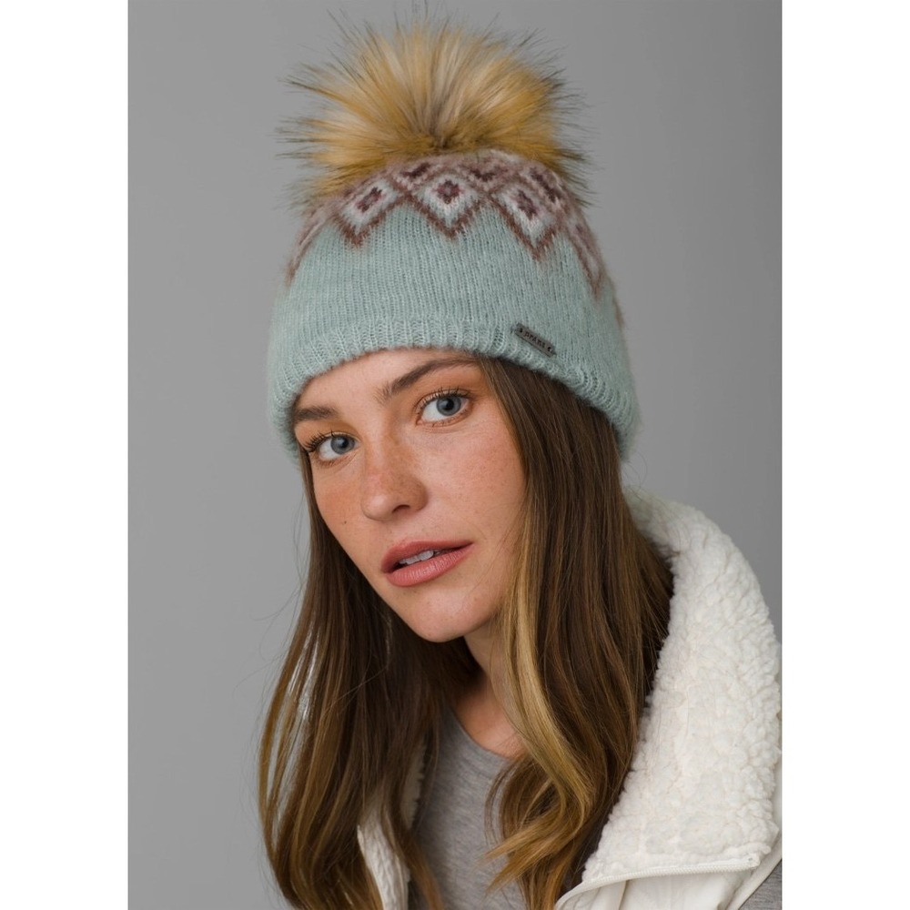 prAna Women Marin Beanie Frost Fair Isle Faux Fur Pom Fleece Lined Hat Boho